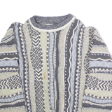 Mens Patterned Jumper Blue Crew Neck 90s Chunky Knit XS