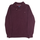 TOMMY HILFIGER Shawl Collar Mens Jumper Maroon Roll Neck Waffle Knit XL