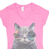 GILDAN Cat Print Womens T-Shirt Pink V-Neck S