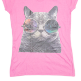 GILDAN Cat Print Womens T-Shirt Pink V-Neck S