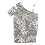 LADY MEZZO Womens Printed Blouse Grey One Shoulder Crazy Pattern M