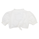 STOIBER Womens Cropped Blouse White Button Neck Puff Sleeve M