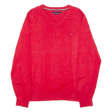 TOMMY HILFIGER Mens Jumper Red V-Neck Tight Knit L