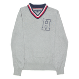 TOMMY HILFIGER Mens Patterned Jumper Grey Striped V-Neck Tight Knit XS