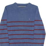 TOMMY HILFIGER Mens Patterned Jumper Blue Striped Crew Neck Tight Knit XS
