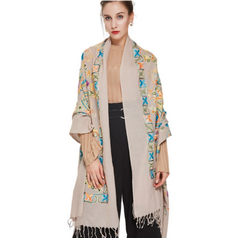 Anyyou 100% Pure Merino Wool Poncho Scarf for Women – Khaki Line Pattern Oversized Winter Pashmina Shawl Wrap
