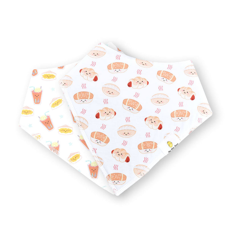 the wee bean organic cotton bandana bibs in bakery buns and iced tea