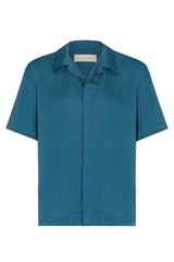 Blue short sleeve pyjama shirt in vegan silk