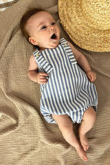 Organic Baby Romper - Blue White Stripes