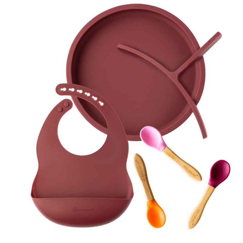 Silicone Plate, Bib and Spoon Bundle - Burgundy