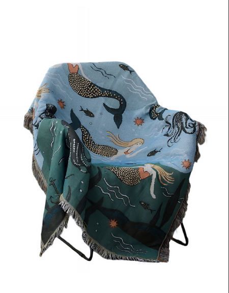 Anycozy Blue Faux Cashmere Throw Blanket – Mermaid Pattern Sofa Cover with Tassels, Soft Picnic & Camping Mat