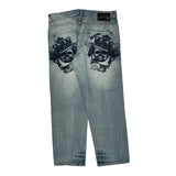 Skull Crown Embroidery Unbranded Graphic Jeans - 37W 31L Light Wash Cotton