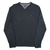 TOMMY HILFIGER Mens Jumper Blue V-Neck Tight Knit M
