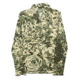 OUI Sheer Womens Printed Top Green Collared Long Sleeve Floral S