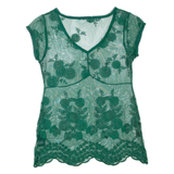 Sheer Womens Top Green V-Neck M