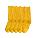 Anyfootwear 5 Pairs One Size 36-43 Yellow Retro Long Knitted Socks Cotton Autumn Winter Solid Color Warm Socks For Women Girls