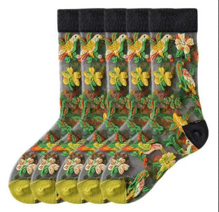 Anyfootwear 5 Pairs Green Crystal Silk Socks Size 5-9 Harajuku Fashion Flower Vine Pattern Comfortable Soft Breathable Casual Socks for Women