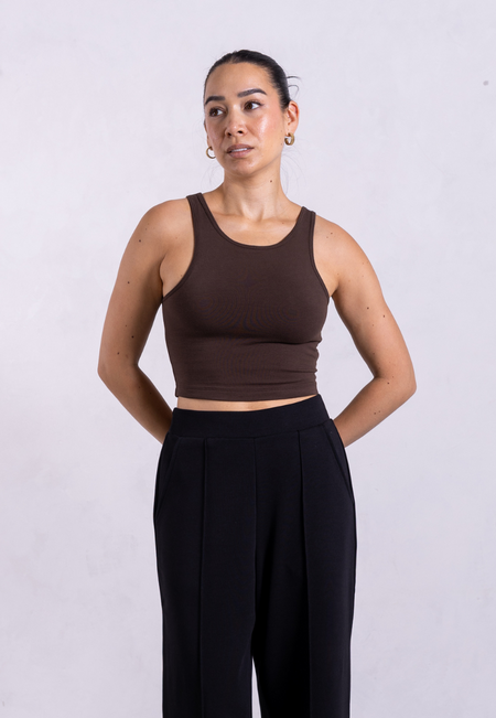 Organic Cotton High-Neck Cropped Tank, Hot Fudge