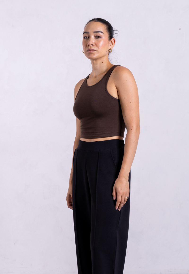 Organic Cotton High-Neck Cropped Tank, Hot Fudge