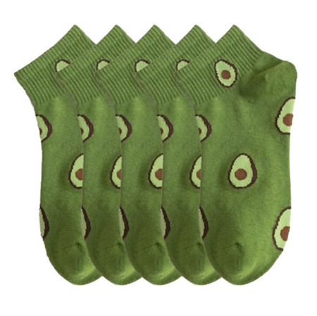 Anyfootwear 5 Pairs One Size 5-9 Green Spring Summer Cotton Avocado Design Breathable Ankle Socks Casual School Girl Socks For Women