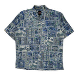 Harley Davidson Graphic Hawaiian Shirt - Large Blue Cotton
