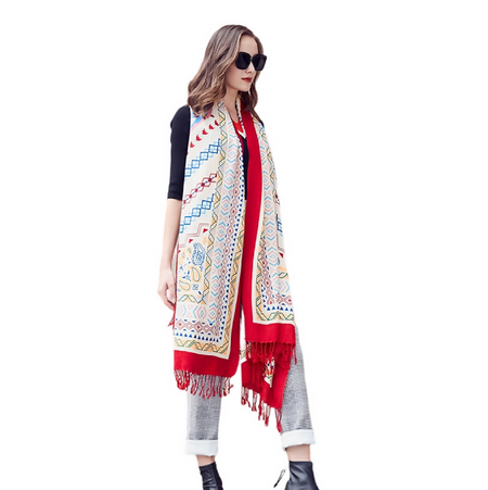 Anyyou 100% Merino Wool Red White Crossover Line Pattern Silk Satin Large Winter Scarf Pashmina Shawl Bandana Perfect For Women Ladies Fashion Style