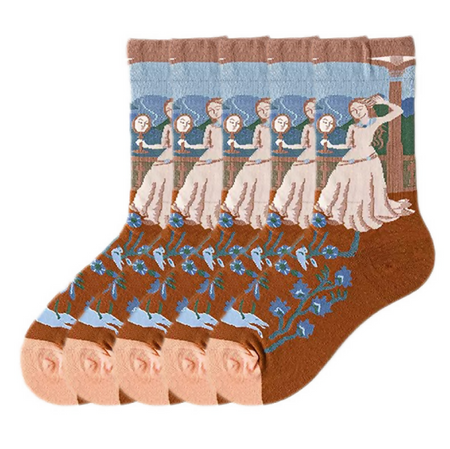 Anyfootwear 5 Pairs Size 5-9 Unisex Long Socks Cartoon Lady in the Farm Nature Print Design Warm Winter Socks Comfortable Casual Foot Accessories