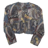 Womens Cropped Blouse Blue Long Sleeve Crazy Pattern M