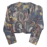Womens Cropped Blouse Blue Long Sleeve Crazy Pattern M