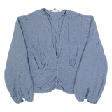 ZARA Womens Printed Top Blue V-Neck Long Sleeve Check S