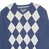 TOMMY HILFIGER Mens Patterned Jumper Blue Argyle V-Neck Tight Knit M