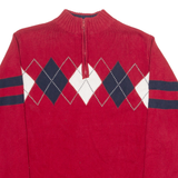 TOMMY HILFIGER Boys Patterned Jumper Red Argyle 1/4 Zip Tight Knit L
