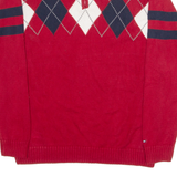 TOMMY HILFIGER Boys Patterned Jumper Red Argyle 1/4 Zip Tight Knit L