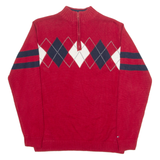 TOMMY HILFIGER Boys Patterned Jumper Red Argyle 1/4 Zip Tight Knit L