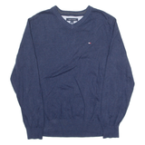 TOMMY HILFIGER Mens Jumper Blue V-Neck Tight Knit M