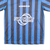 UMBRO Striped Boys Football Shirt Jersey Blue V-Neck M