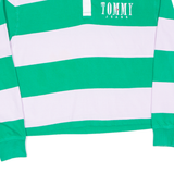 TOMMY HILFIGER Cropped Womens Polo Shirt Green Striped Long Sleeve M