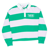 TOMMY HILFIGER Cropped Womens Polo Shirt Green Striped Long Sleeve M