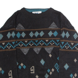 CHARTWELL Womens Patterned Jumper Black Crew Neck 90s Tight Knit L