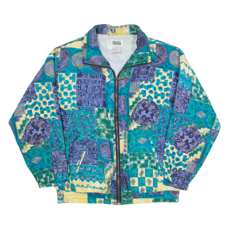 BASIC EDITIONS Womens Shell Jacket Blue Silk 90s Crazy Pattern M