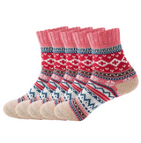 Anyfootwear 5 Pairs Size 5-9 Women Thick Warm Wool Cotton Socks Red National Wind Flower Design Casual Winter Cozy Crew Socks Fashion Foot Accessories