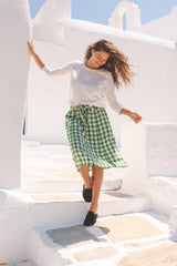 Bergen mid length linen skirt in Green Gingham