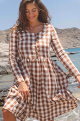 Lapland mid length linen dress in Mocha Gingham