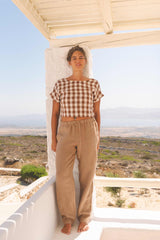 Lisa linen crop top in Mocha Gingham