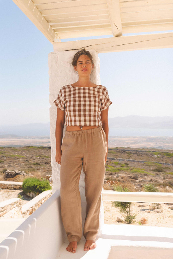 Lisa linen crop top in Mocha Gingham