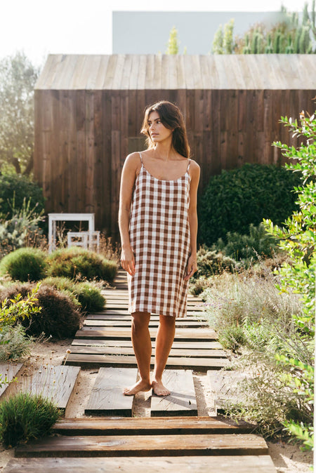 Dreamy linen night gown in Mocha Gingham
