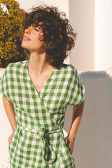 Olivia linen wrap dress in Green Gingham