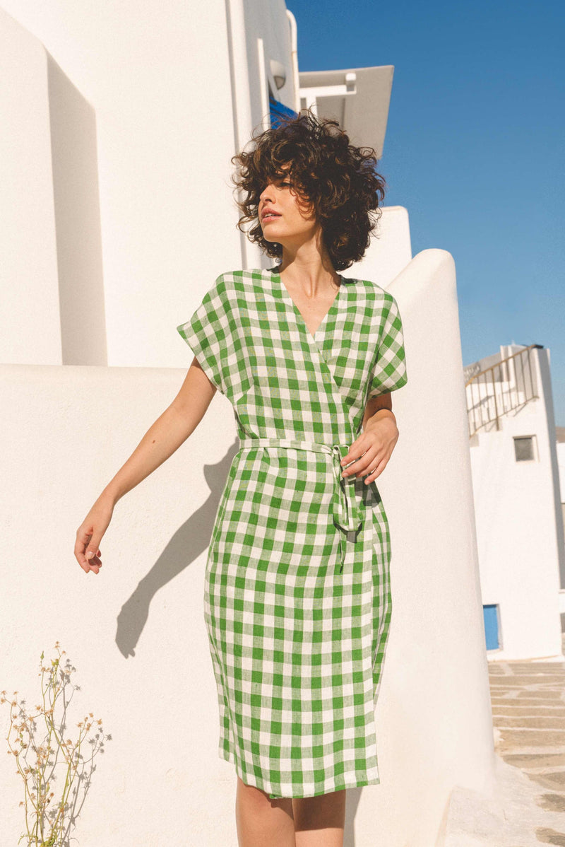 Olivia linen wrap dress in Green Gingham