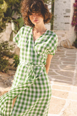 Olivia linen wrap dress in Green Gingham