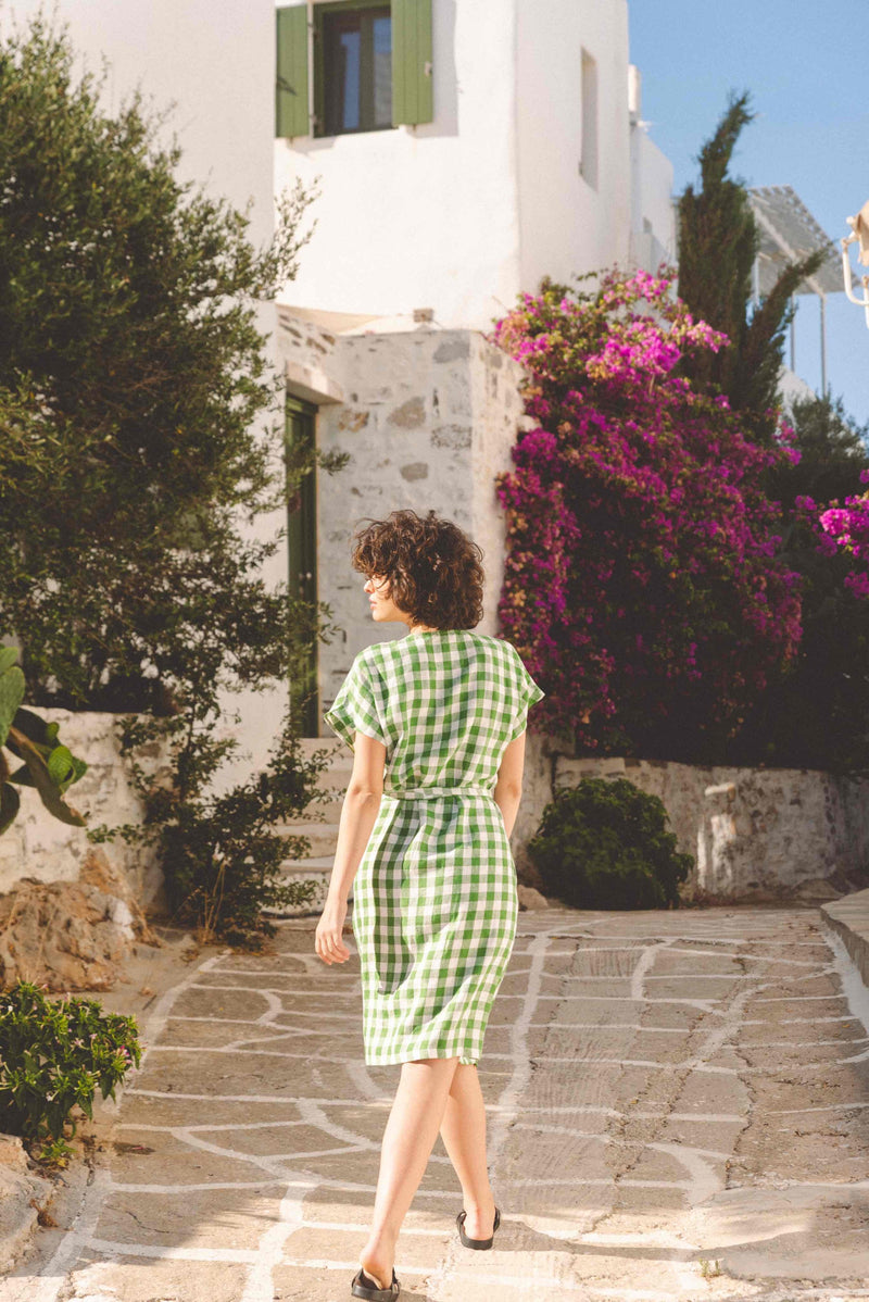 Olivia linen wrap dress in Green Gingham